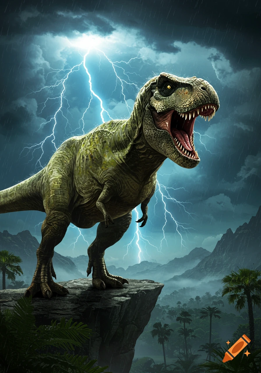 A fierce T-Rex roars on a cliff during a dramatic lightning storm, with misty mountains and jungle in the background.