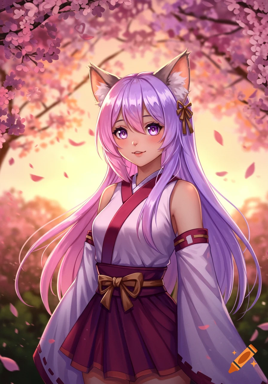 Anime cat girl with long purple hair and cat ears, in a kimono under cherry blossoms at sunset, petals falling.