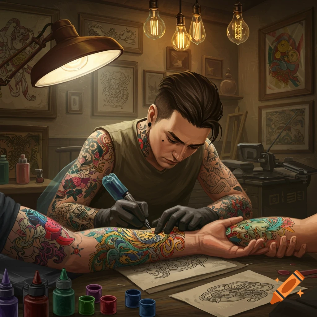 A skilled tattoo artist with tattooed arms meticulously creates a vibrant phoenix tattoo on a client's forearm in a warm-lit studio.