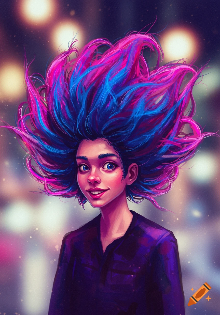 Stylized portrait of a person with wild, spiky blue and pink hair, smiling against a blurred bokeh background.