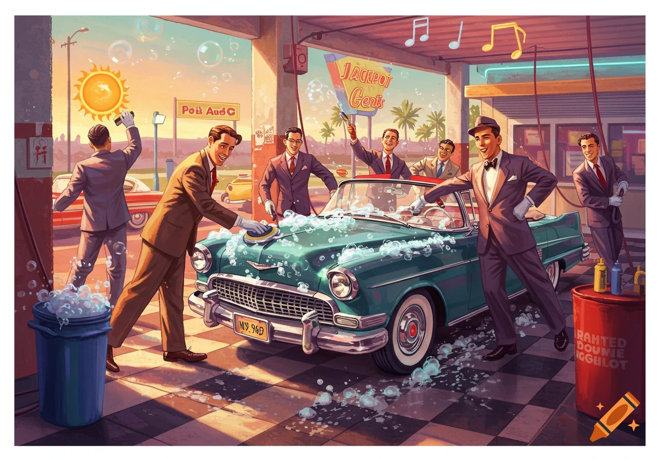 Several well-dressed men in a retro carwash scene, washing a teal vintage car with soap and bubbles under a setting sun. Music notes float above them.