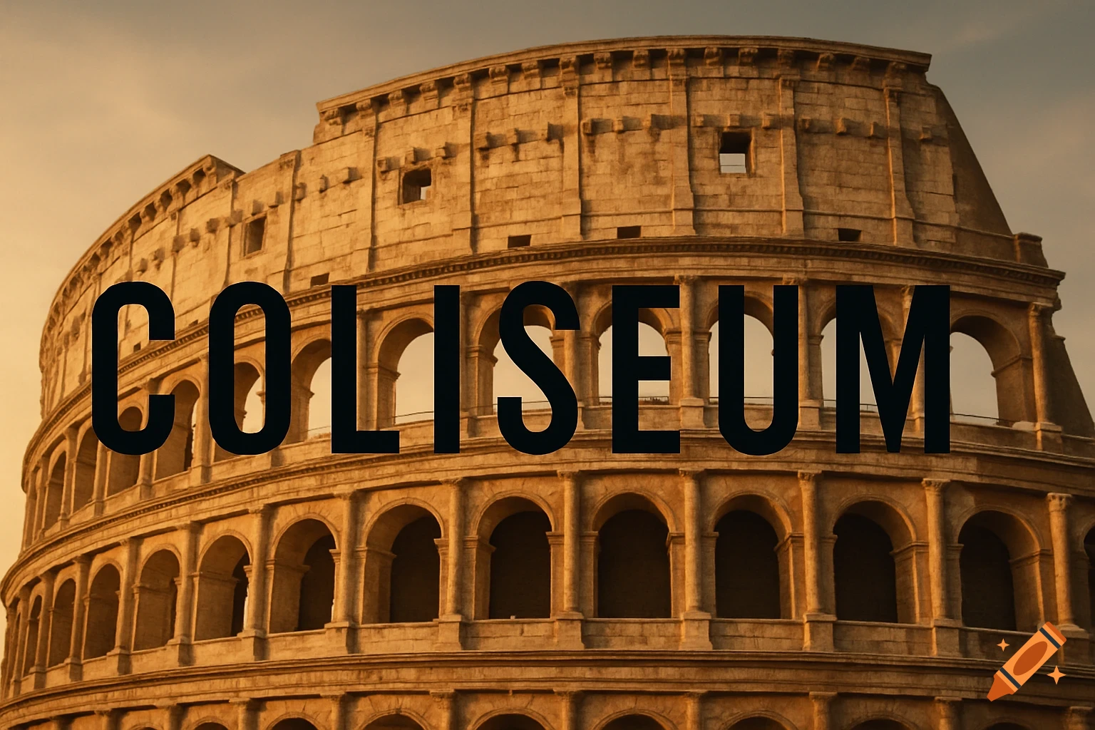 The word COLISEUM in black capital letters over a photorealistic image of the ancient Roman Colosseum at sunset.