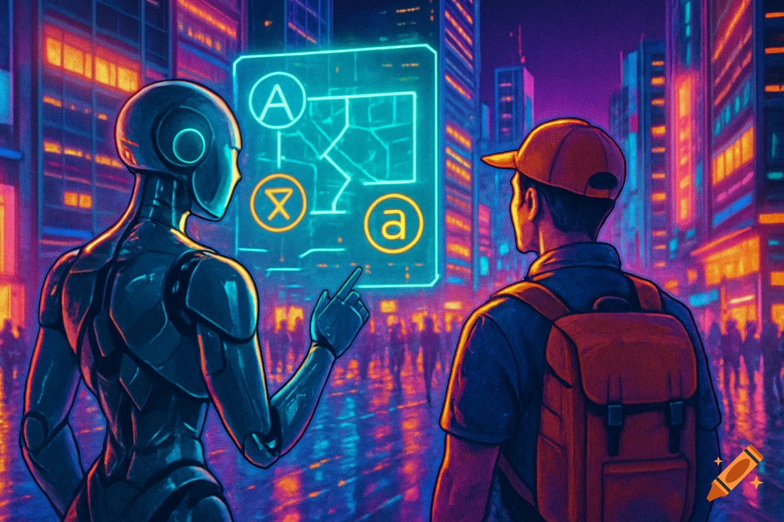 A robot points at a holographic screen with symbols and a map outline, guiding a man with a backpack through a neon-lit futuristic city, digital art.
