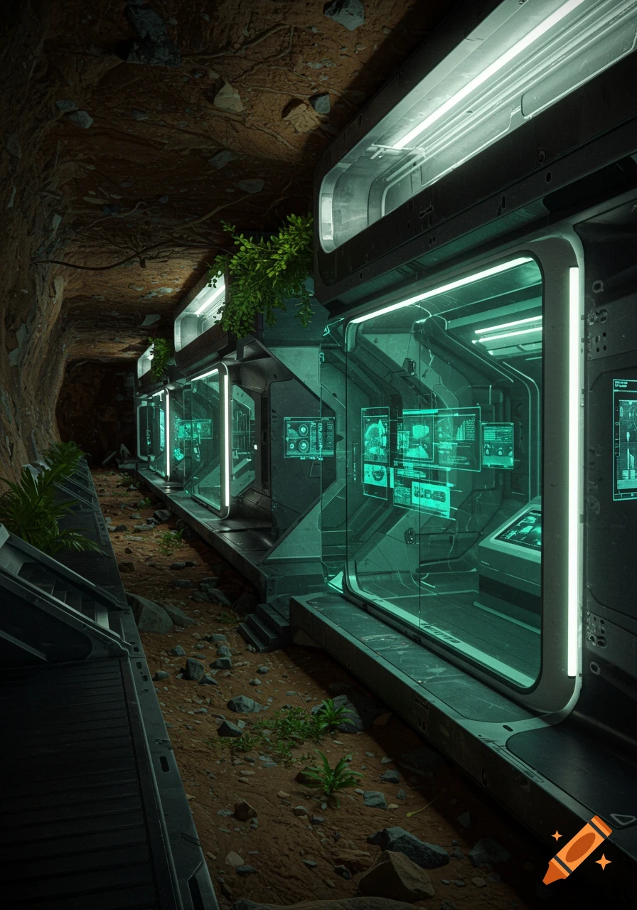 A futuristic subterranean bunker or lab with glowing green screens and integrated plants, set within a natural cave.