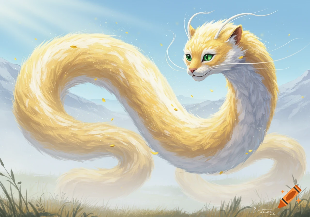 A fluffy, golden-yellow and white cat-headed snake creature with green eyes floats in a misty, mountainous landscape.