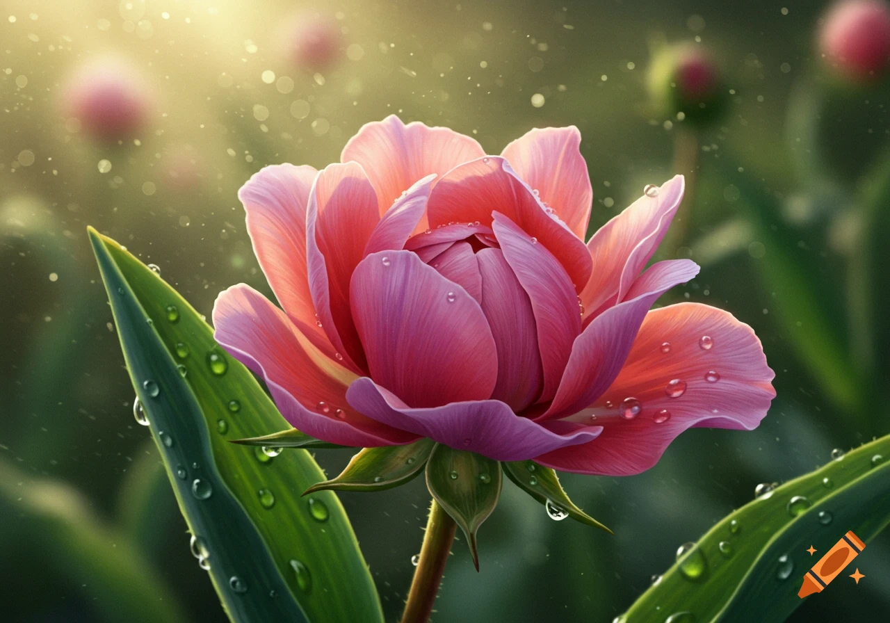 A close-up, photorealistic shot of a vibrant pink flower covered in sparkling water droplets, with a sunlit, soft-focus green background.