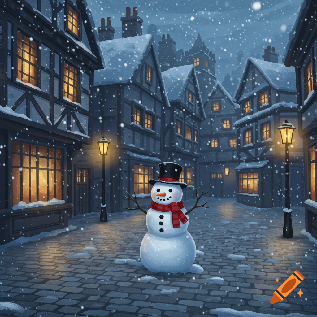 A friendly snowman with a top hat and red scarf stands in a snowy cobblestone street of a medieval town at dusk.