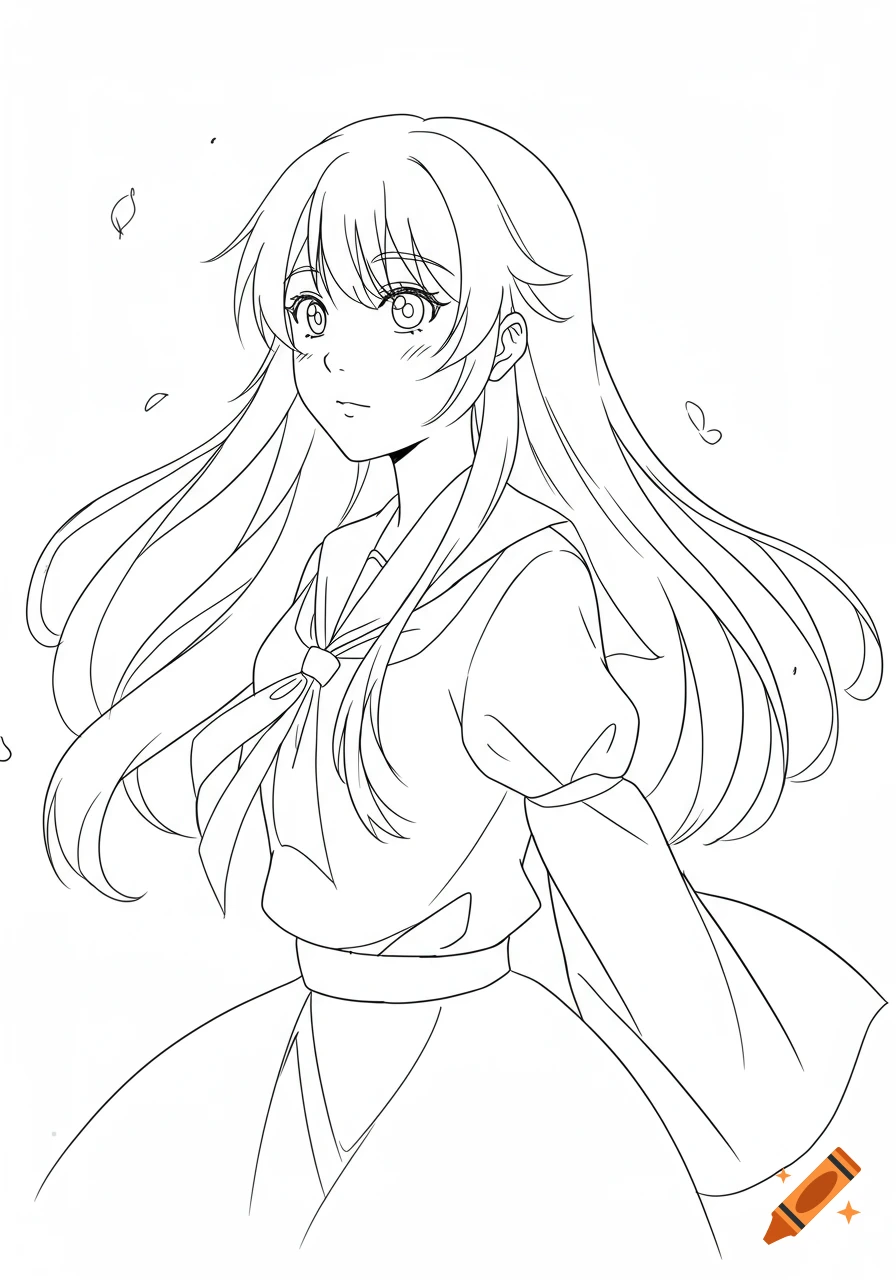 A line drawing of an anime girl with long hair, wearing a sailor-style uniform.