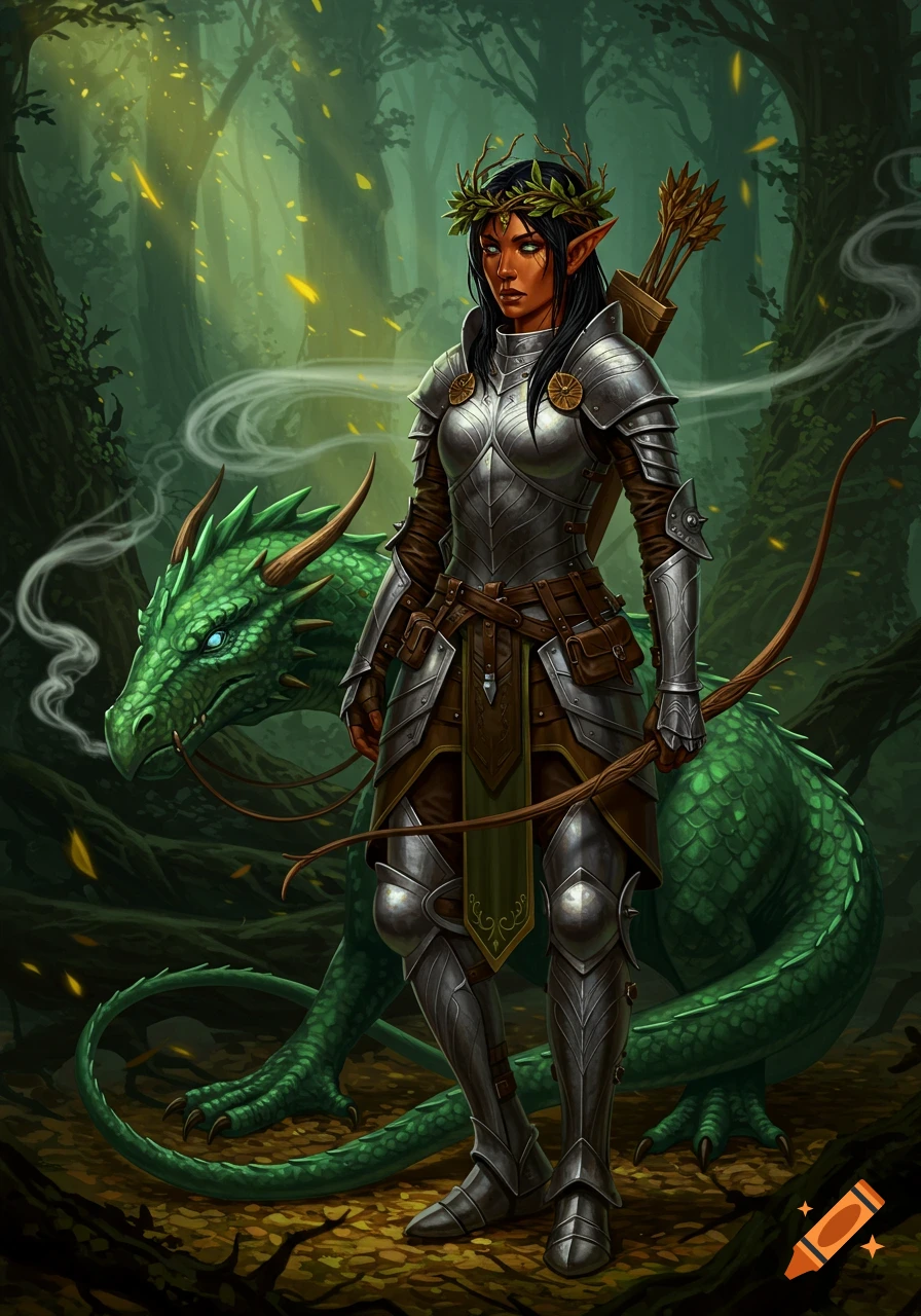 Armored female wood elf ranger with copper skin and leaf crown stands with her green pet dragon in a dark forest, digital art.
