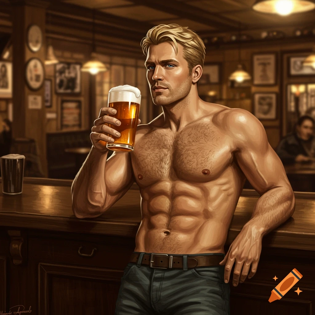 Muscular, blonde man with a hairy chest, shirtless in a bar, holding a beer, digital painting.