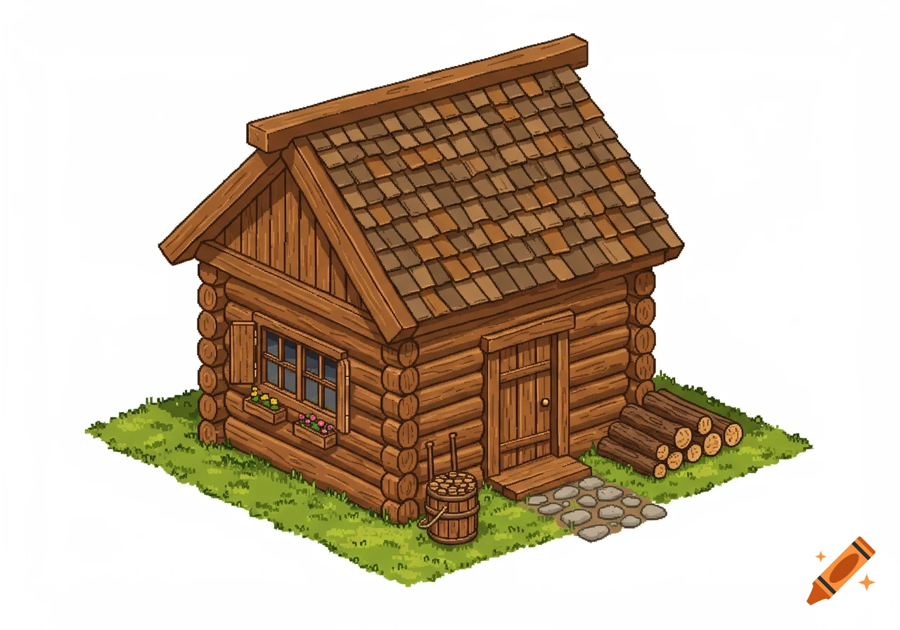 Isometric pixel art of a brown log cabin with a shingled roof, window flower boxes, a door, a stone path, and a stack of logs on grass.