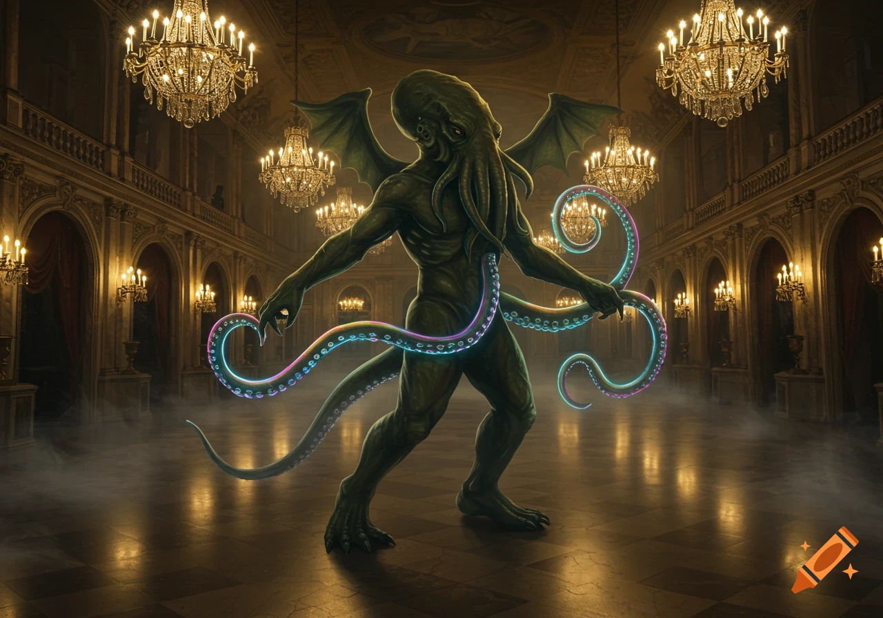 Cthulhu with glowing tentacles stands in a grand, opulent ballroom lit by many chandeliers.