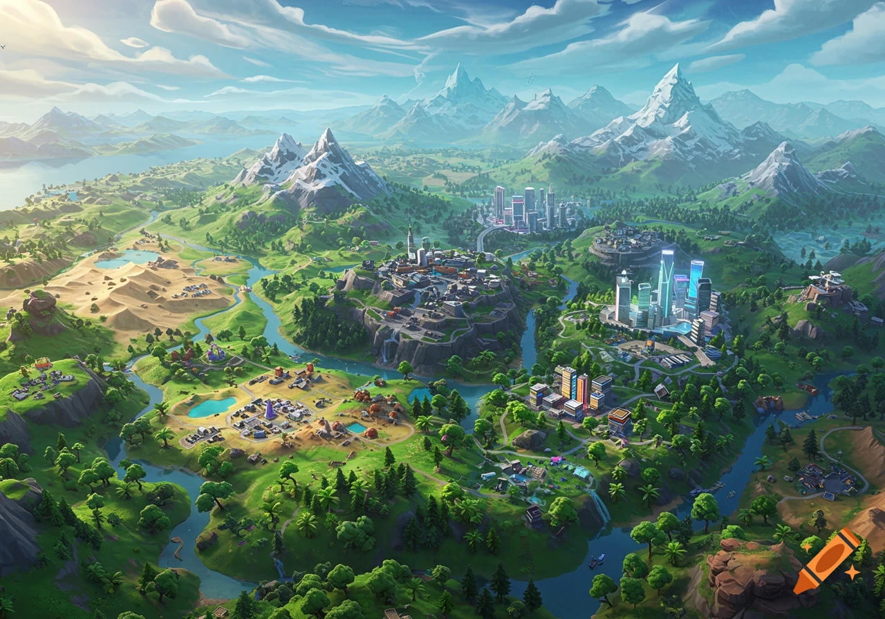 An aerial view of a vibrant, stylized video game map featuring snowy mountains, deserts, rivers, forests, and diverse settlements, including modern cities.