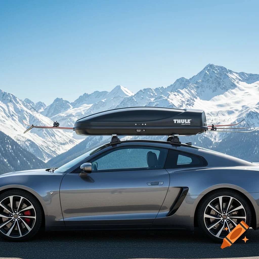 A grey car with a black Thule ski box and skis on its roof, parked in front of snow-capped mountains under a clear blue sky.