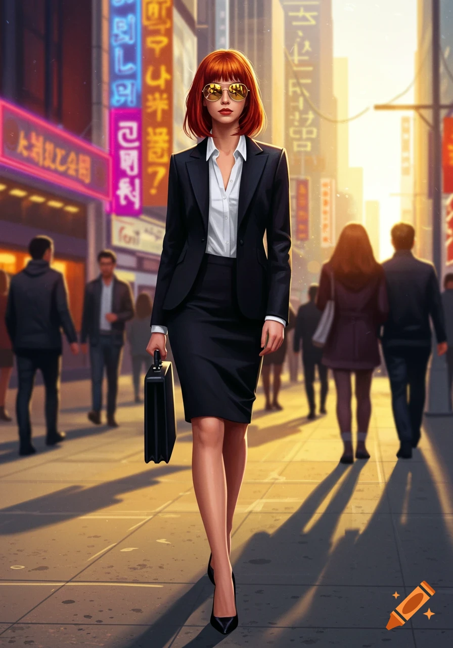 A redhead woman in a black suit, sunglasses, and high heels, holding a briefcase, walks on a bustling city street with neon signs in a digital art style.