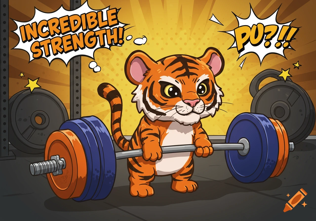 A cute baby tiger in a comic style lifts a heavy barbell in a gym, with speech bubbles saying 'Incredible Strength!' and 'PU?!!'.