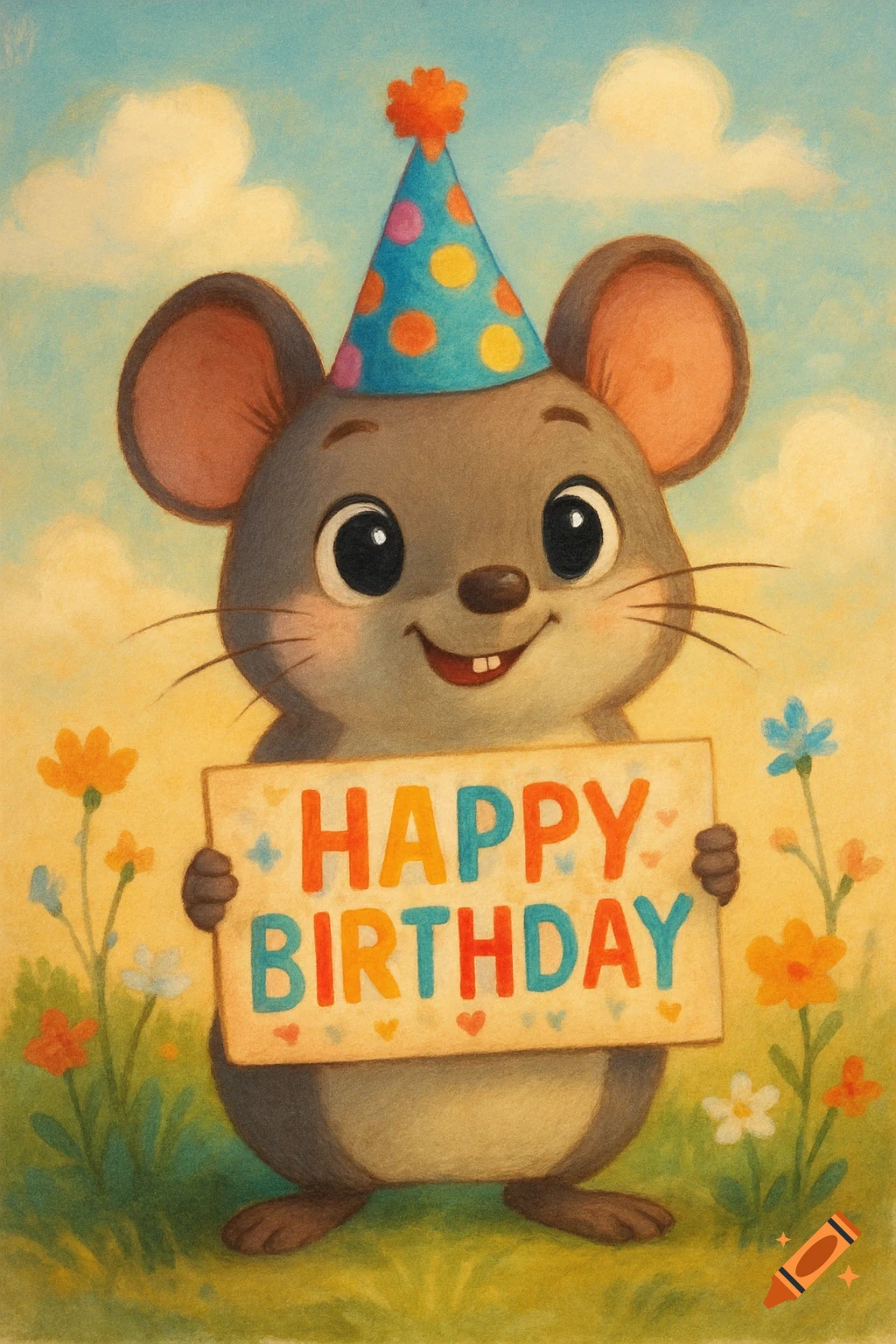 A cute cartoon mouse with a party hat holds a 'Happy Birthday' sign in a field of flowers, in a soft pastel illustration.