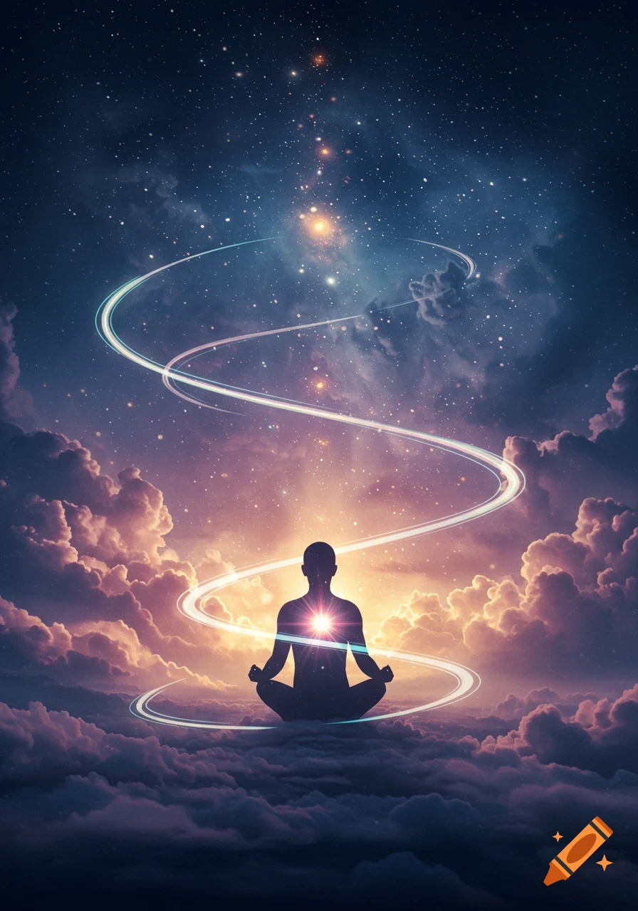 Silhouette of a meditating person with a glowing heart, floating above clouds with spiraling light ascending into a starry cosmos.