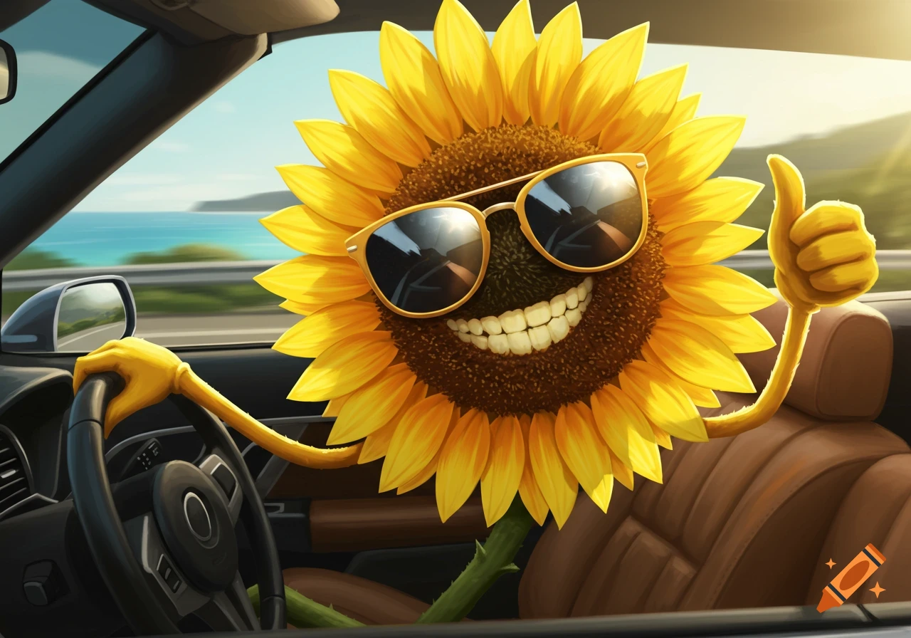 A vibrant, cartoon sunflower wearing sunglasses drives a car by the ocean, smiling widely and giving a thumbs up.