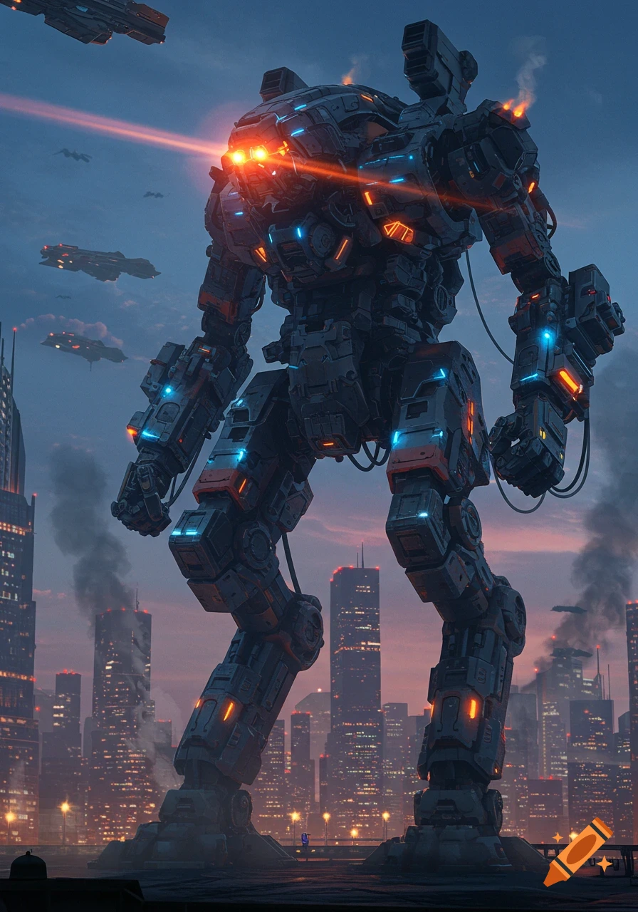 A giant black and orange mech with glowing lights stands in a futuristic city at dusk, with flying vehicles in the sky.