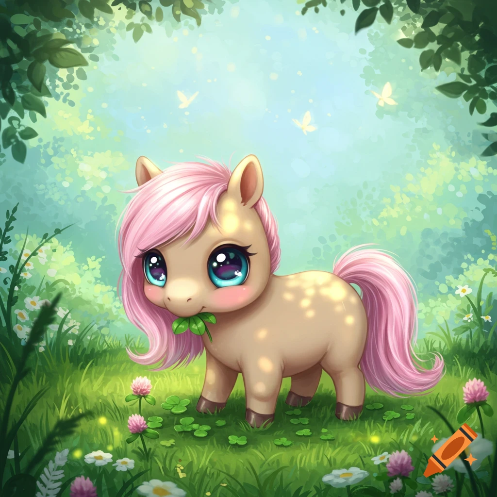 A cute kawaii pony with pink hair and big eyes eats clover in a vibrant green meadow with flowers and butterflies, digital art.