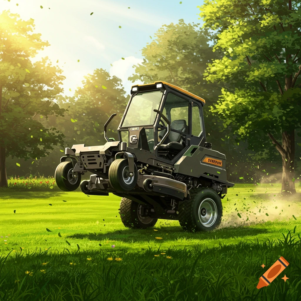 A stylized zero-turn lawn mower doing a wheelie on a green lawn under sunny skies with trees.
