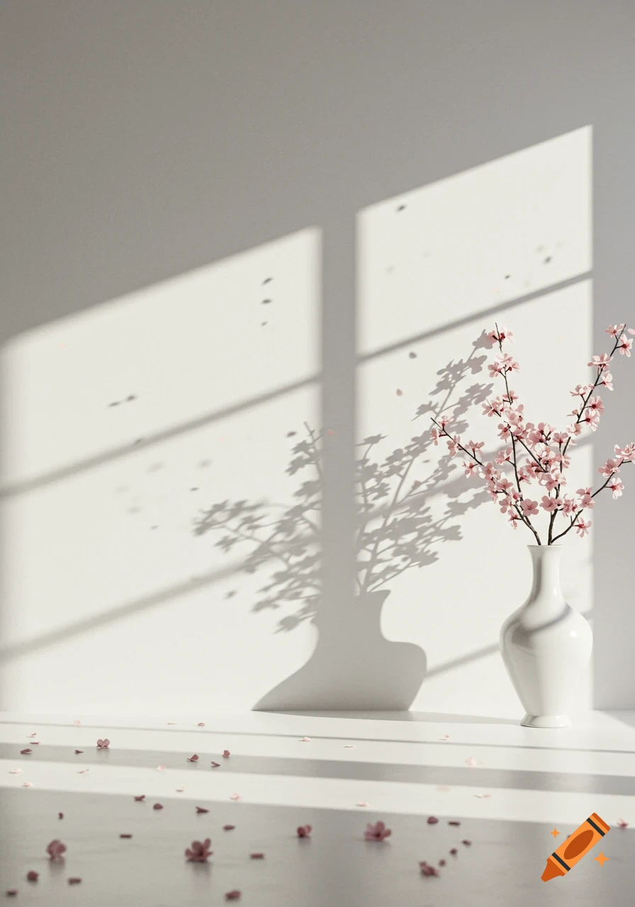 A white vase holds delicate pink cherry blossoms, casting sharp shadows on a sunlit white wall and floor, with scattered petals.