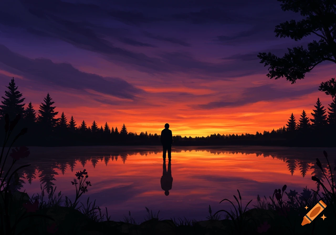 A silhouette of a lone person stands in a still lake, reflecting a vibrant red and orange sunset over a dark forest skyline.