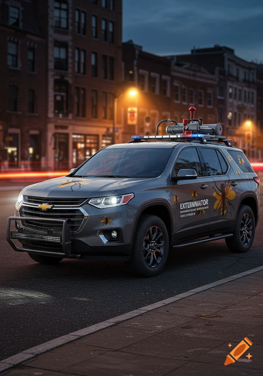 A grey Chevrolet Traverse SUV, modified as an exterminator vehicle with bug decals and roof-mounted equipment, parked on a city street at dusk.