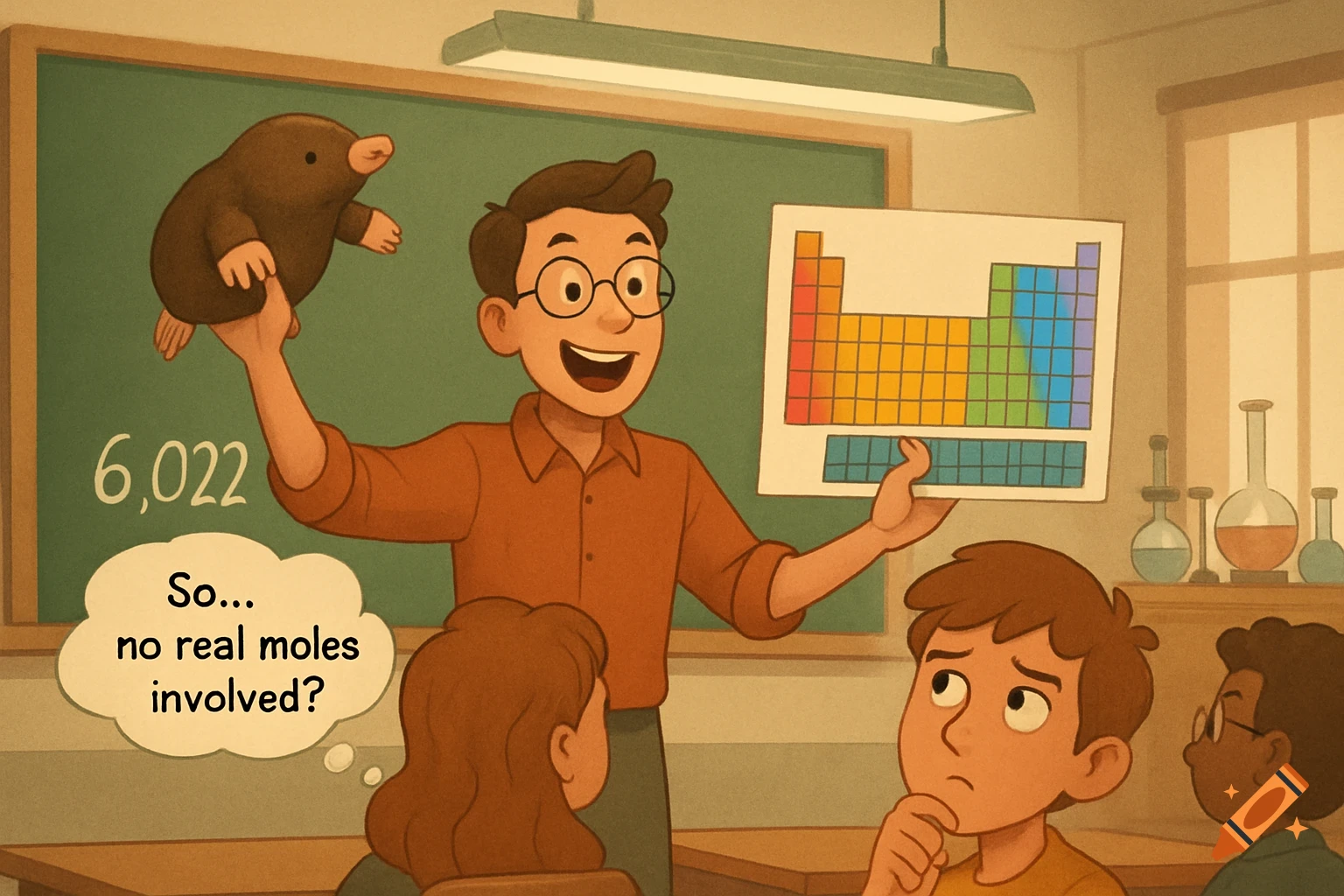A cartoon teacher holds a plush mole and a periodic table in a classroom. Students watch, one thinking, "So... no real moles involved?".