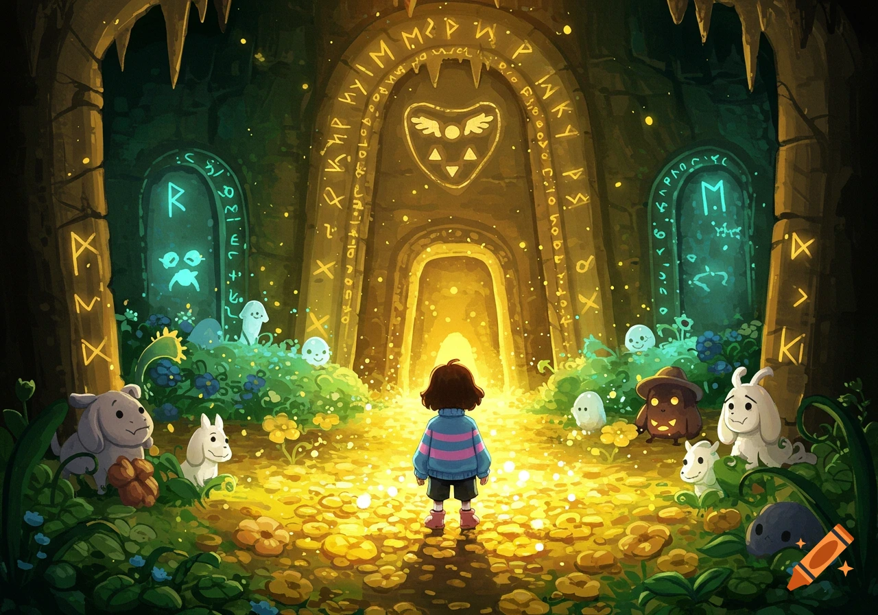 A child-like figure stands in a golden, glowing cavern with luminous runes on arches, surrounded by small, cute creatures and flowers.