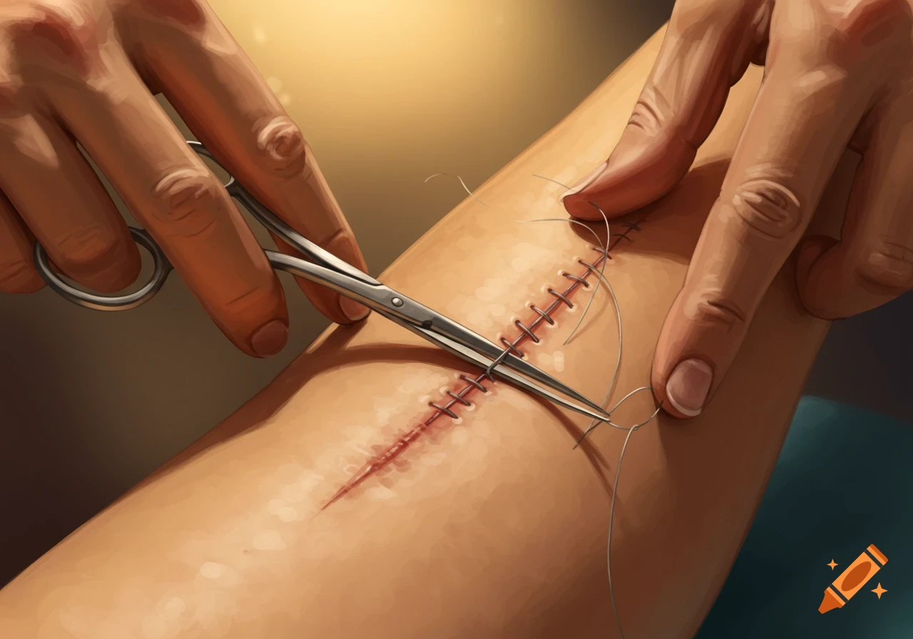 A close-up illustration of a hand removing stitches from a long wound on a person's leg.