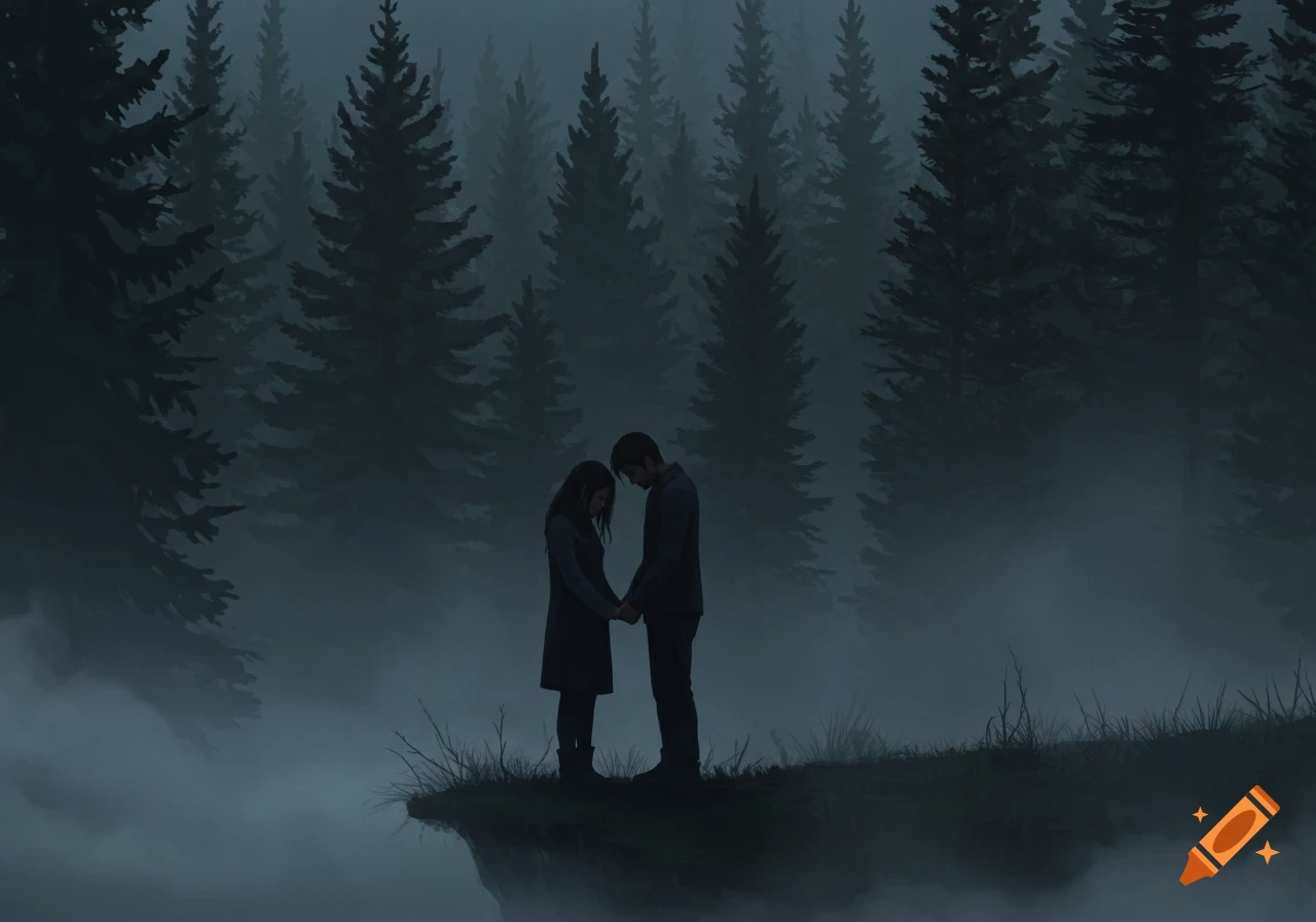 A stylized digital painting of a couple holding hands on a misty cliff edge in a dark forest.