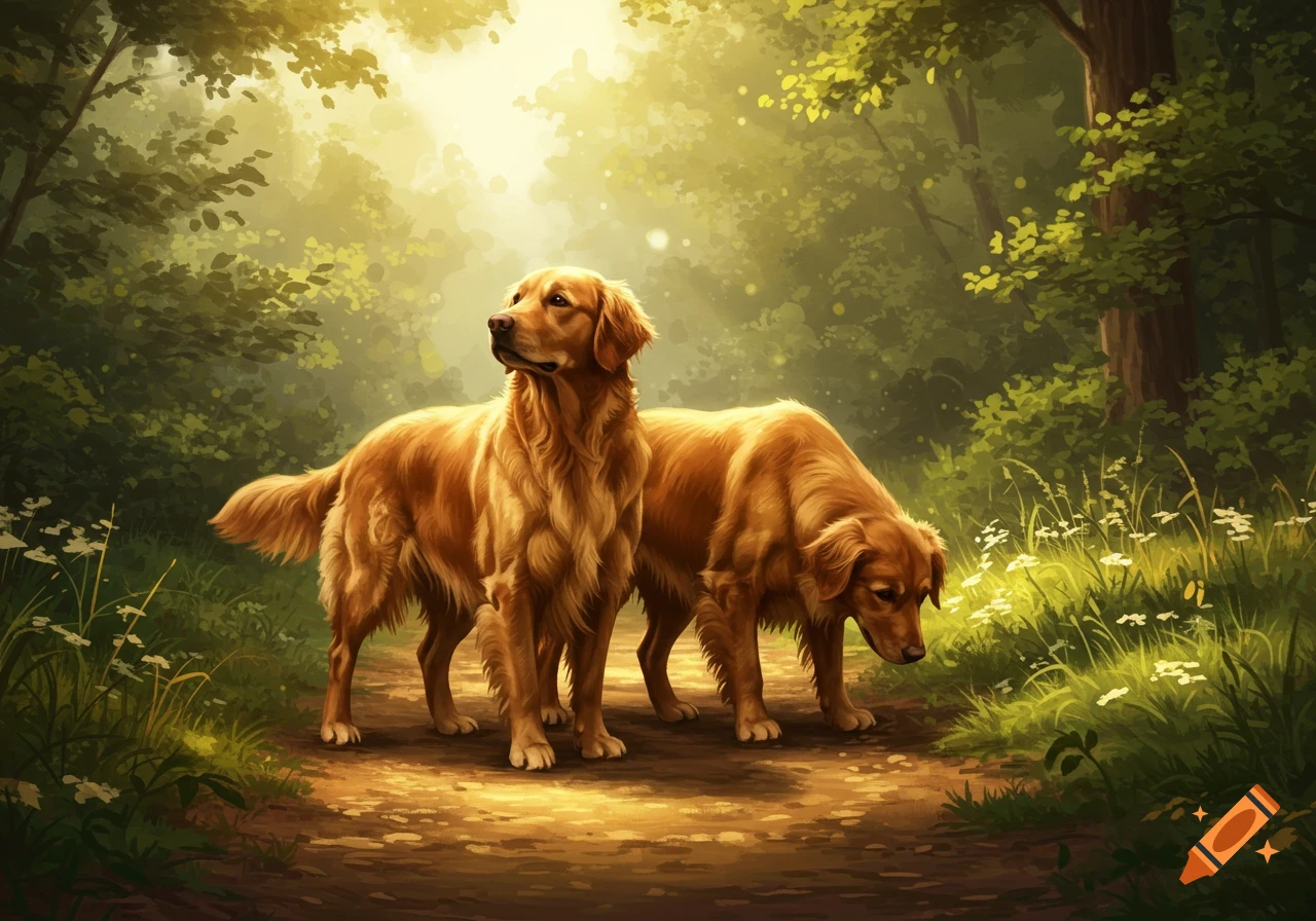 Two golden retrievers, one standing and one sniffing, on a sunlit path in a lush, painterly forest.