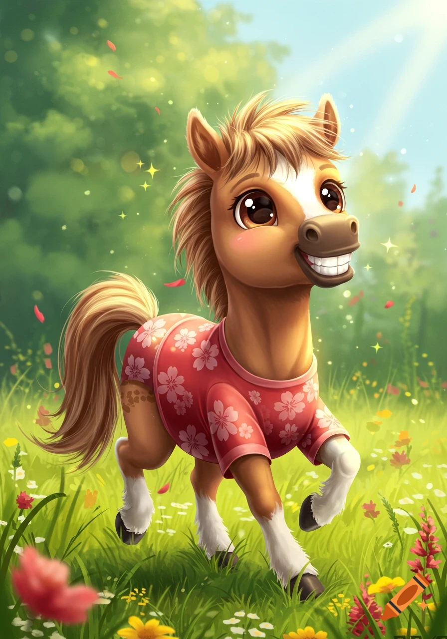 A cute, smiling cartoon horse with big eyes wears a pink floral shirt in a sunny green field with flowers and falling petals.