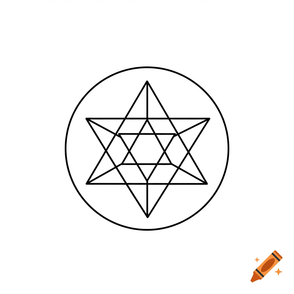 A black line drawing of a hexagram (six-pointed star) with an internal cube-like structure, all enclosed within a black circular outline on a white background.