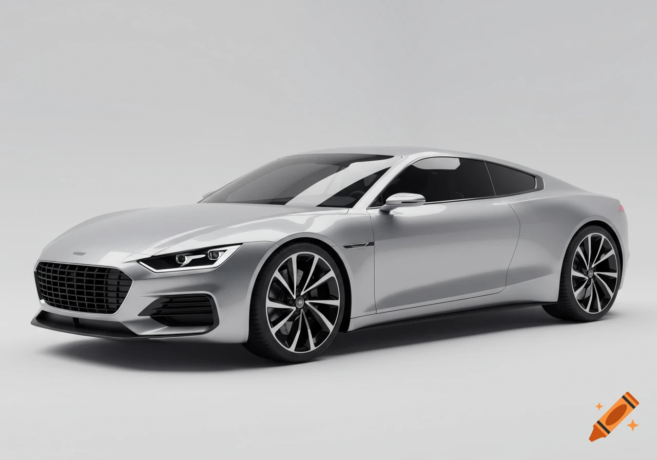 A modern, minimalist silver sports car is parked on a light gray background.