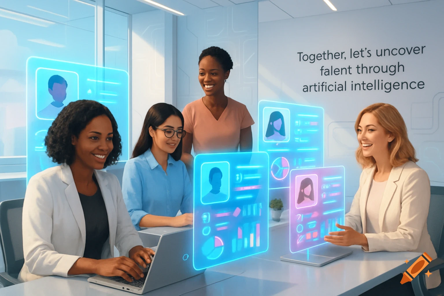 Four diverse women smiling and working in a modern office, interacting with holographic screens showing AI recruitment data. On the wall, text reads "Together, let's uncover talent through artificial intelligence."