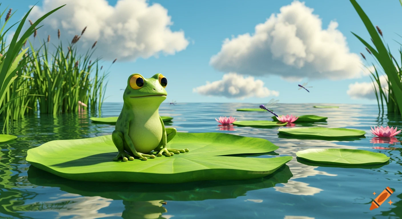 A cartoon frog sits on a large lily pad in a peaceful pond under a blue sky, with other lily pads and pink water lilies.