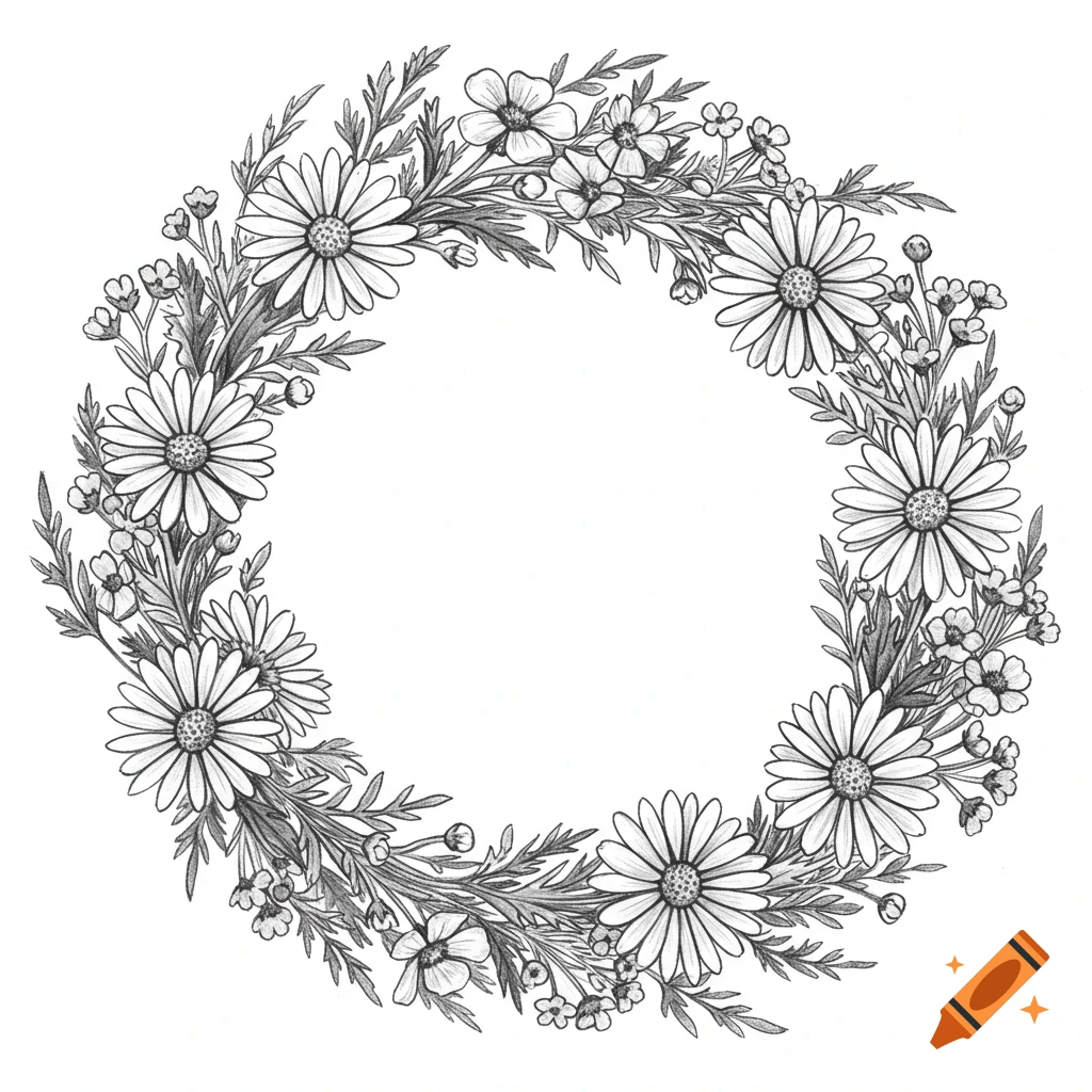 A black and white pencil drawing depicts a circular wreath made of daisies, small wildflowers, and leafy stems.
