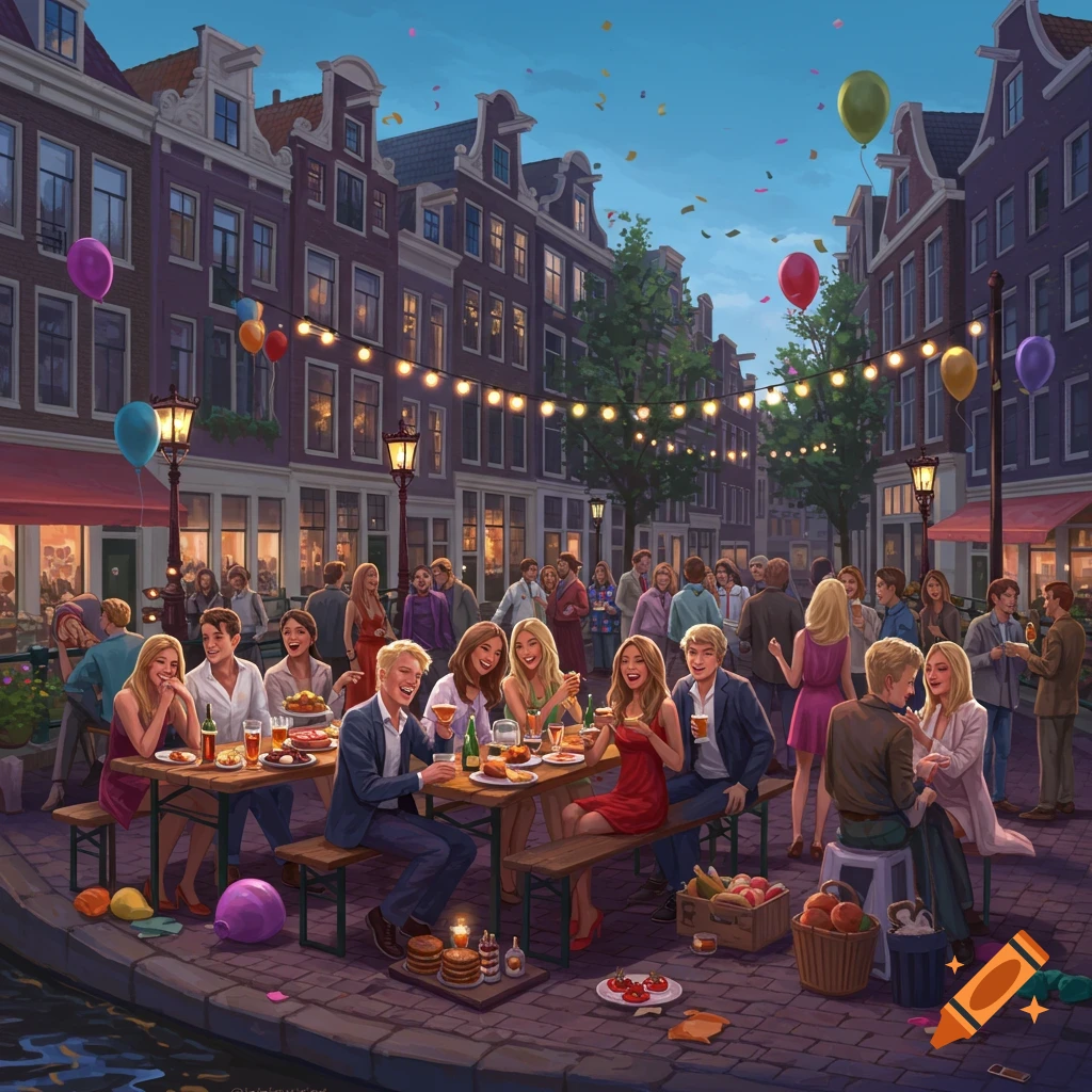 Illustration of a lively street party with people socializing and eating on a cobblestone street by a canal in a European city.