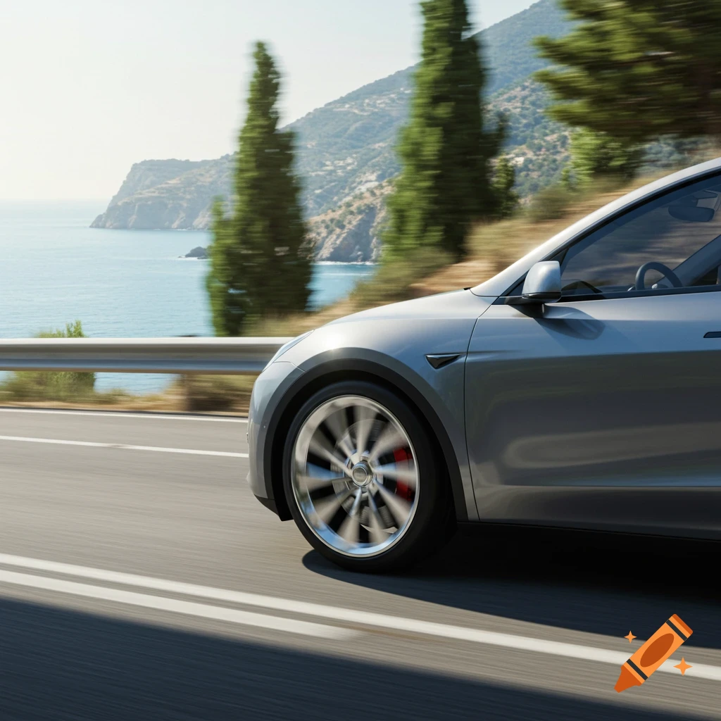 A silver Tesla Model Y drives on a winding coastal road with mountains and a calm blue sea in the background.