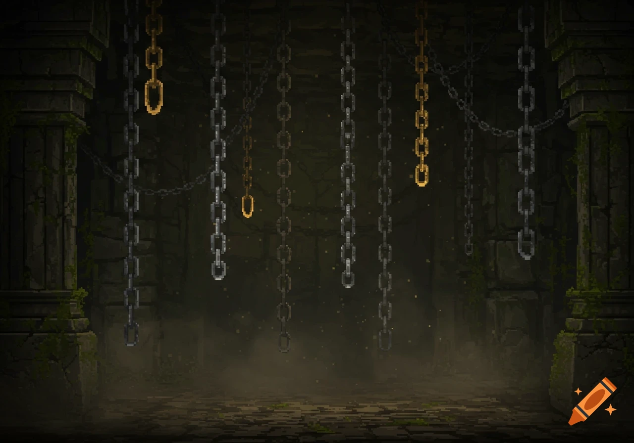 Pixel art of dark and golden chains hanging from a ceiling in a gloomy, mossy dungeon with stone pillars.