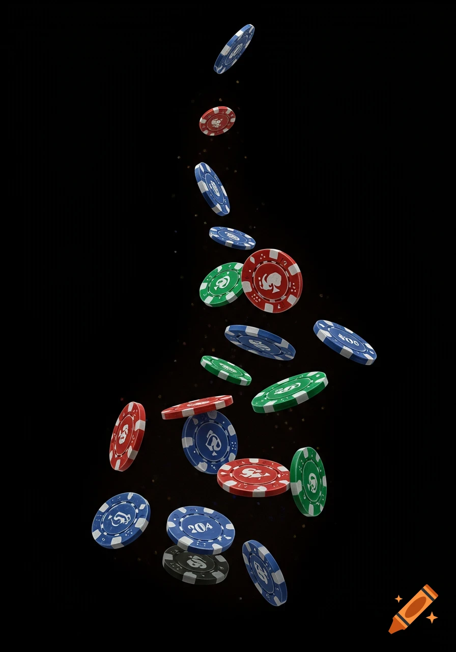 Red, blue, and green poker chips falling against a black background.