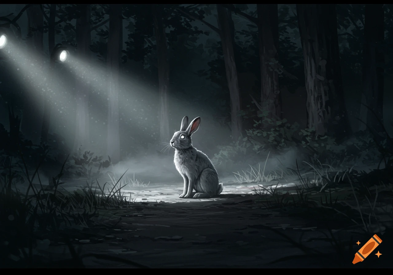 A grey rabbit sits on a path in a dark, misty forest, caught in two bright white lights, in a digital illustration.