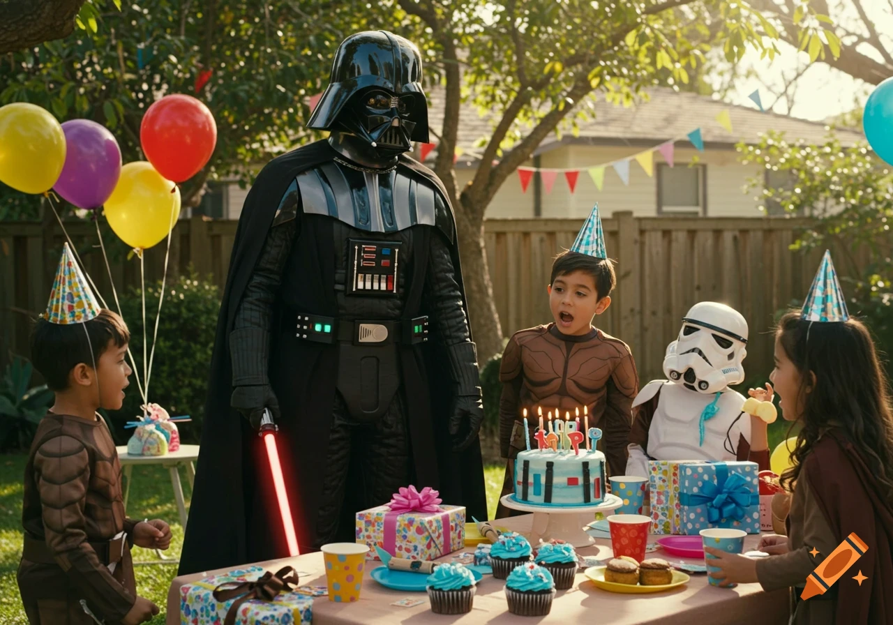 Darth Vader holding a red lightsaber stands with children in Star Wars costumes and party hats at a birthday party in a sunny backyard.