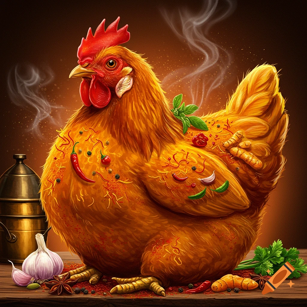 A plump chicken covered in chilis, saffron, peppercorns, turmeric, and herbs, steaming on a wooden table with garlic and a metal pot.