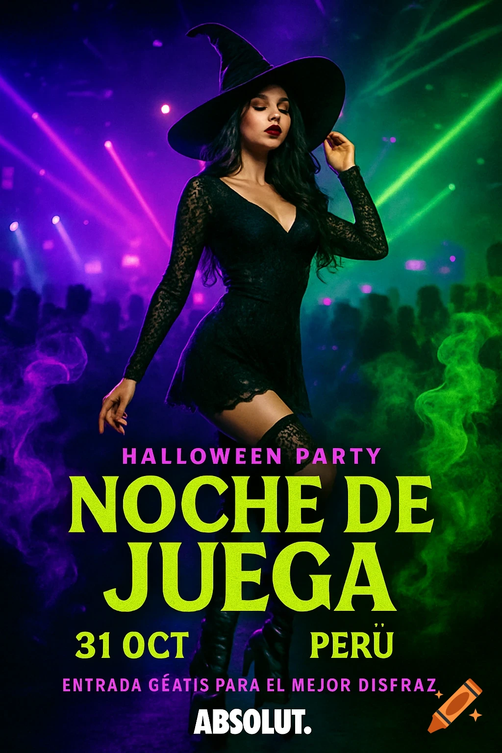 A Halloween party flyer featuring a woman in a black witch costume with a wide-brimmed hat, short lace dress, and thigh-high boots, posing against a neon purple and green smoky background. Text advertises "HALLOWEEN PARTY NOCHE DE JUEGA 31 OCT PERÚ ENTRADA GRÁTIS PARA EL MEJOR DISFRAZ" and "ABSOLUT.".