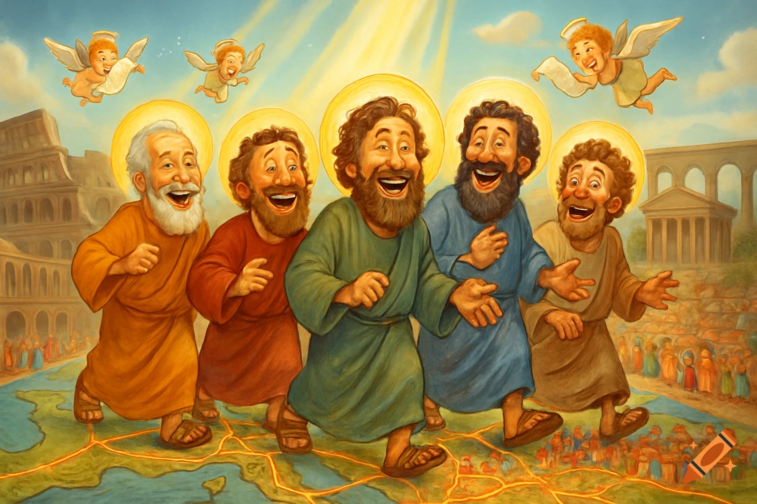 Five cheerful, bearded men with halos and three flying angels walk across a world map, with ancient Roman buildings in the background, in a colorful cartoon style.