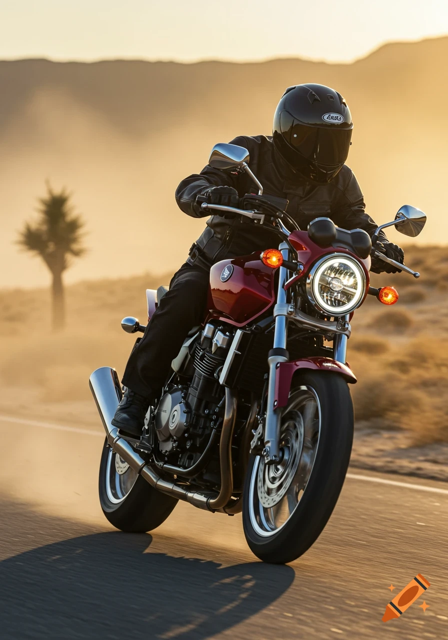 A rider in a black helmet and leather suit on a red Honda motorcycle speeding on a dusty desert road at sunset.